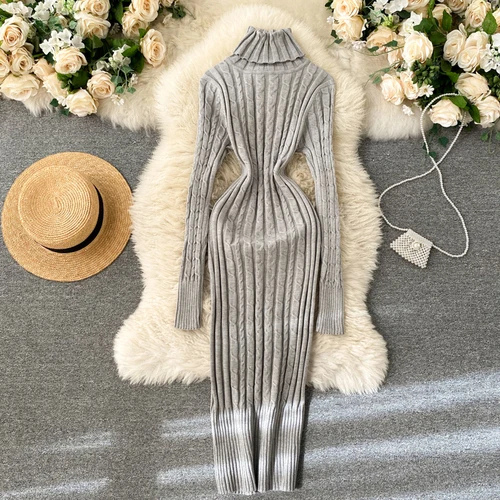 WW | Figurbetont Gestricktes Midi Kleid Mit Langen Ärmeln, Gestricktes Damen Kleid