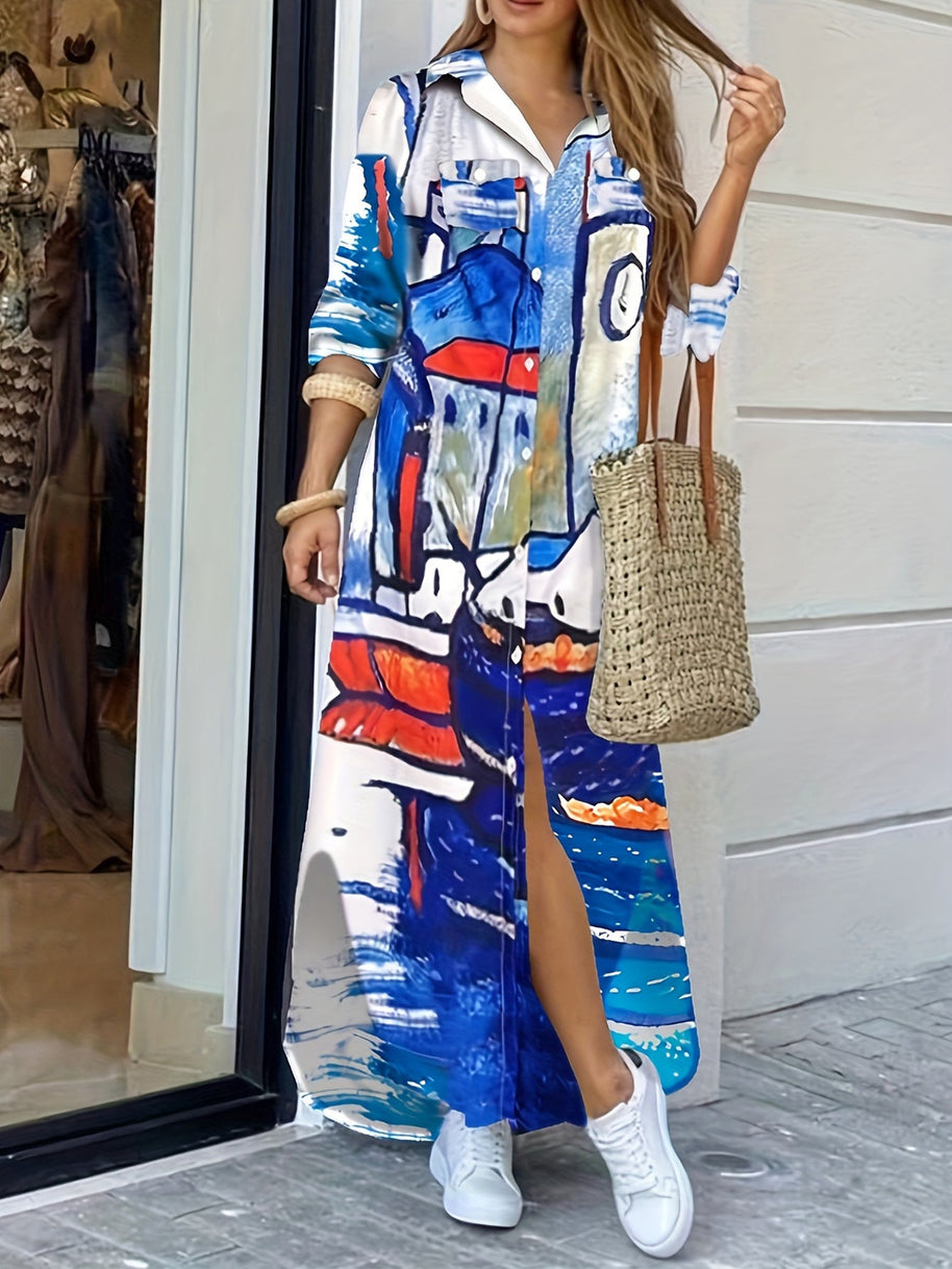 WW | Langarm Kleid mit Gesichtsmuster in Blau und Weiß