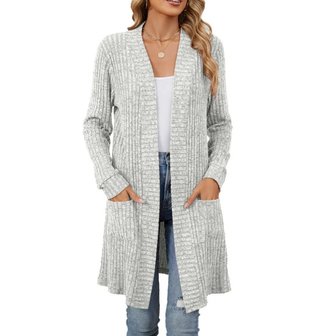 W&W Mode | Lange Strickjacken Damen Gerippte Offene Vorderseite Jacke mit Taschen