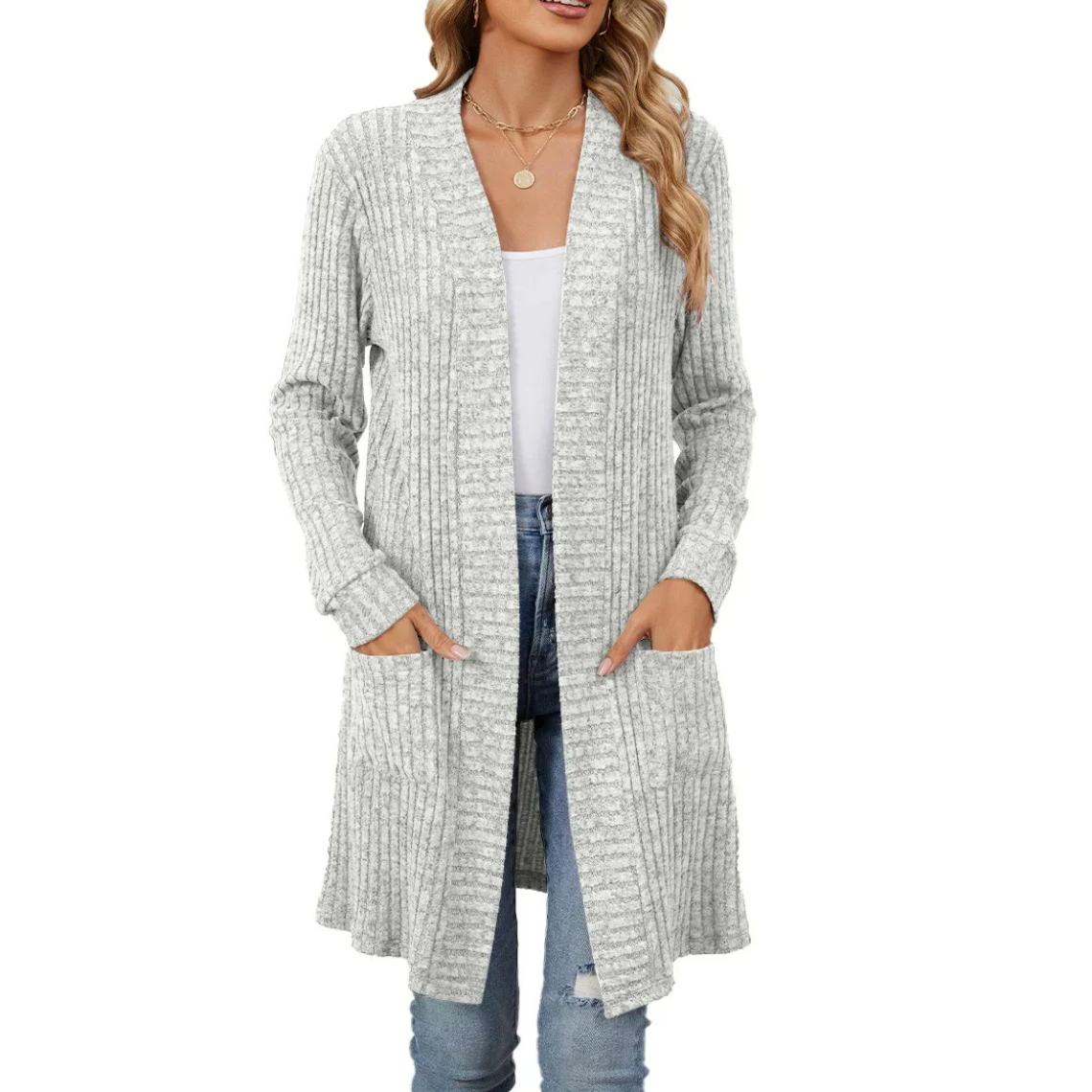 WW | Lange Strickjacken Damen Gerippte Offene Vorderseite Jacke mit Taschen