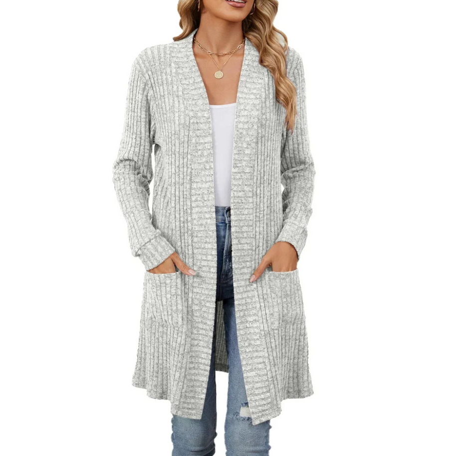 WW | Lange Strickjacken Damen Gerippte Offene Vorderseite Jacke mit Taschen