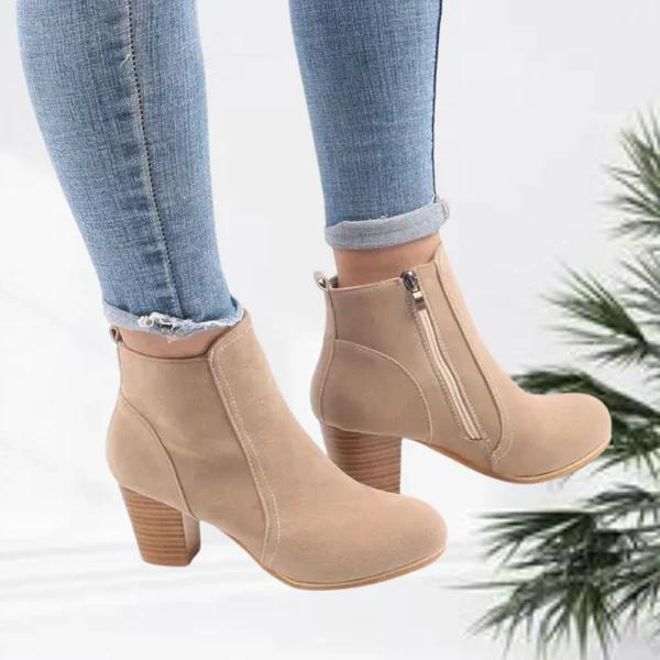 WW | Damen Lässig Wildleder Stiefeletten, Niedriger Blockabsatz, Seitenreißverschluss