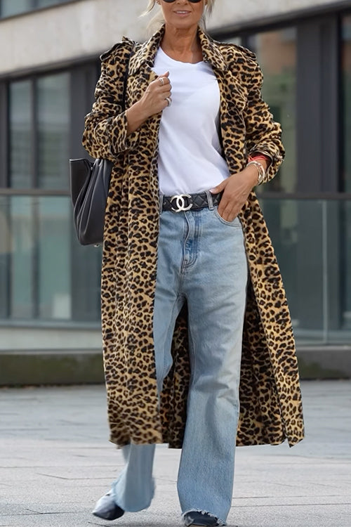 WW | Rosiedress Revers Offene Vorderseite Leopard Midi Trendy Mantel