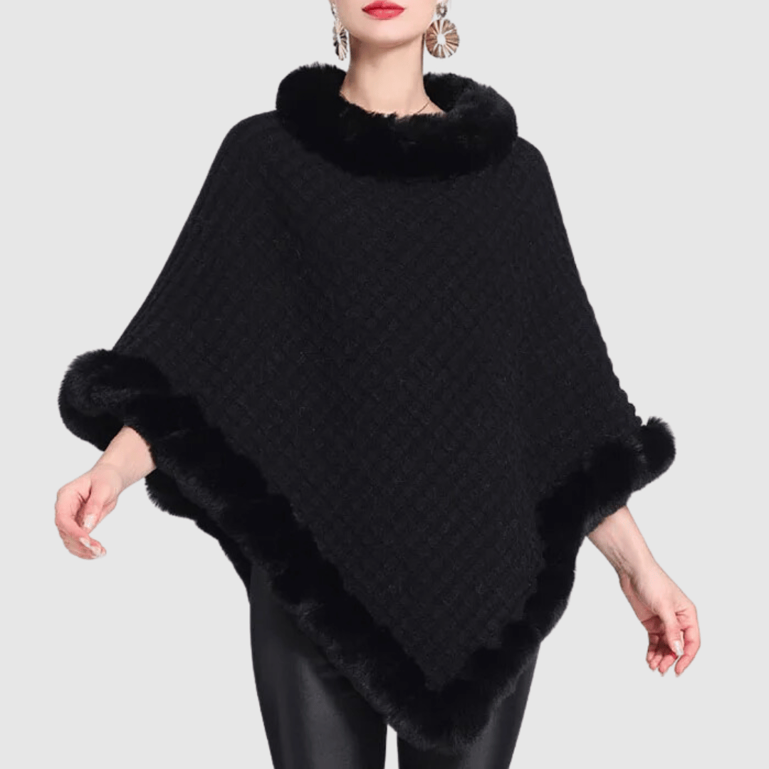 WW | Poncho mit weicher Webstruktur – stilvoller Damenponcho mit Kragen und Kunstpelzabschluss