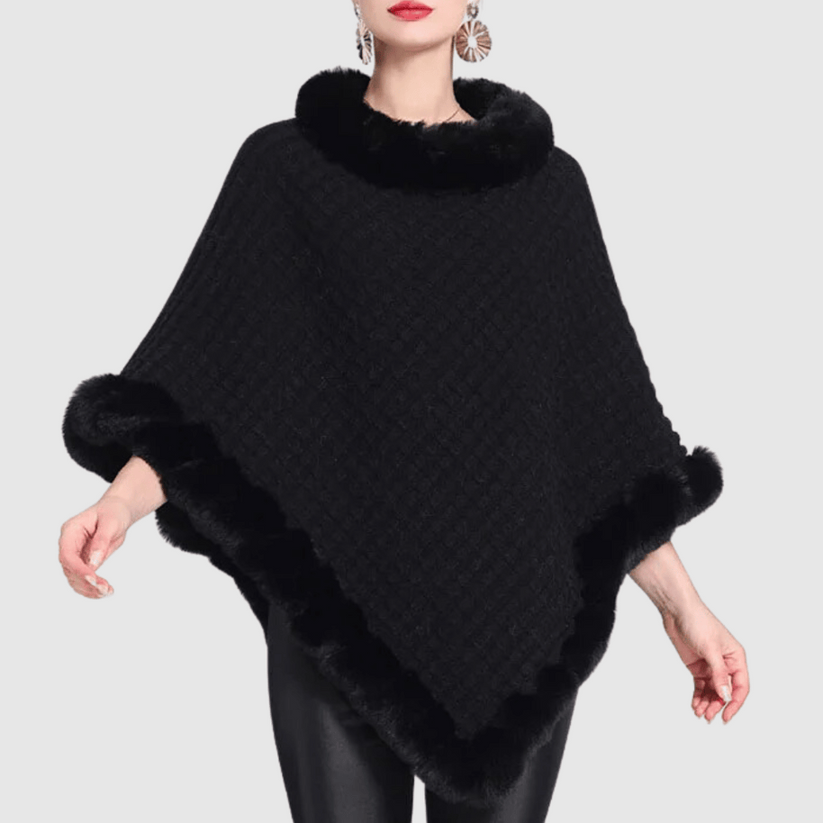 WW | Poncho mit weicher Webstruktur – stilvoller Damenponcho mit Kragen und Kunstpelzabschluss