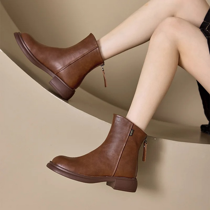 Damen Leder-Ankle-Boots mit rückseitigem Reißverschluss und niedrigem Absatz