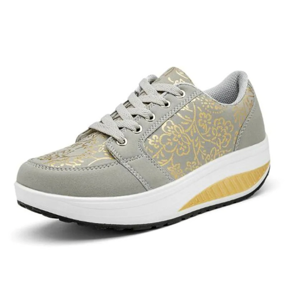 WW | Schwarze Leder Orthopädische Damen Sneakers Mit Blumenmuster