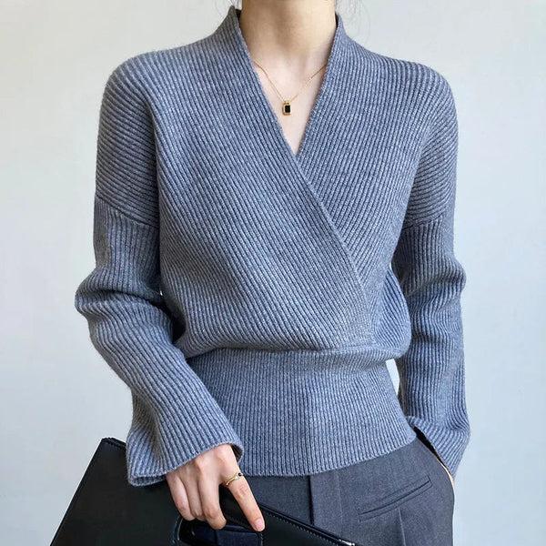 WW | Klassischer Herbst Wickelpullover mit Statement Ausschnitt für Frauen
