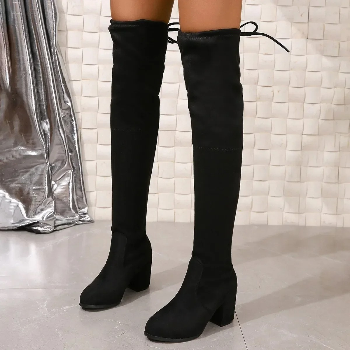 WW | Overknee Stiefel Flacher Absatz, Stretchstoff, Lässiges Design