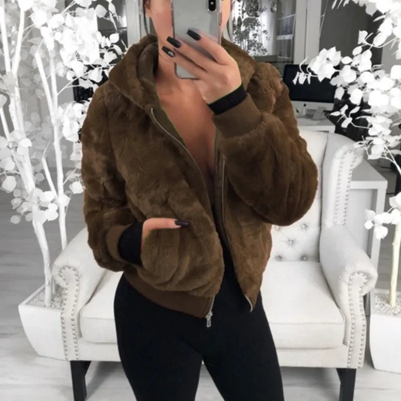 WW | Teddy Jacke Damen Kurzjacke Mit Kapuze Und Reißverschluss