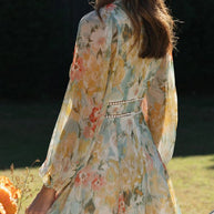 WW | Strahlend Süß Langarm Blumenmuster Mini Kleid