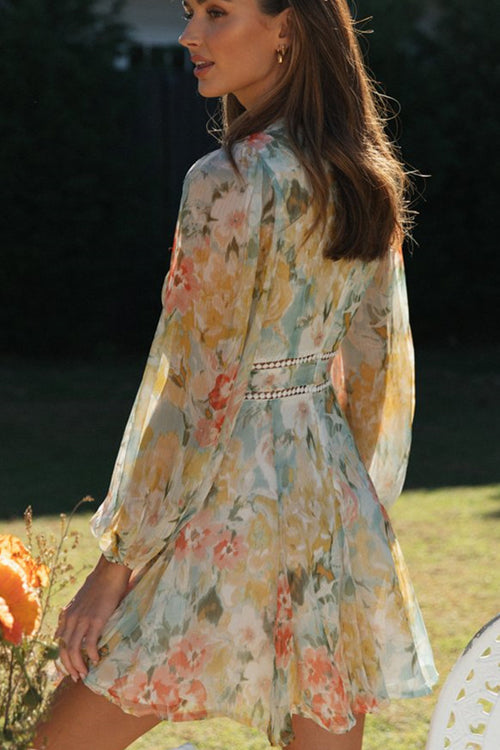 WW | Strahlend Süß Langarm Blumenmuster Mini Kleid