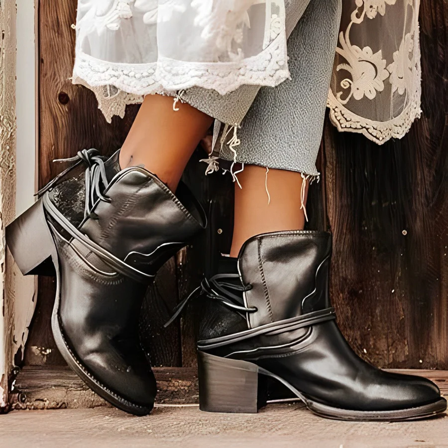 W&W Mode | Damen Western Ankle Boots mit Wickelschnürung, Gewaschenes Leder, Dicke Absätze