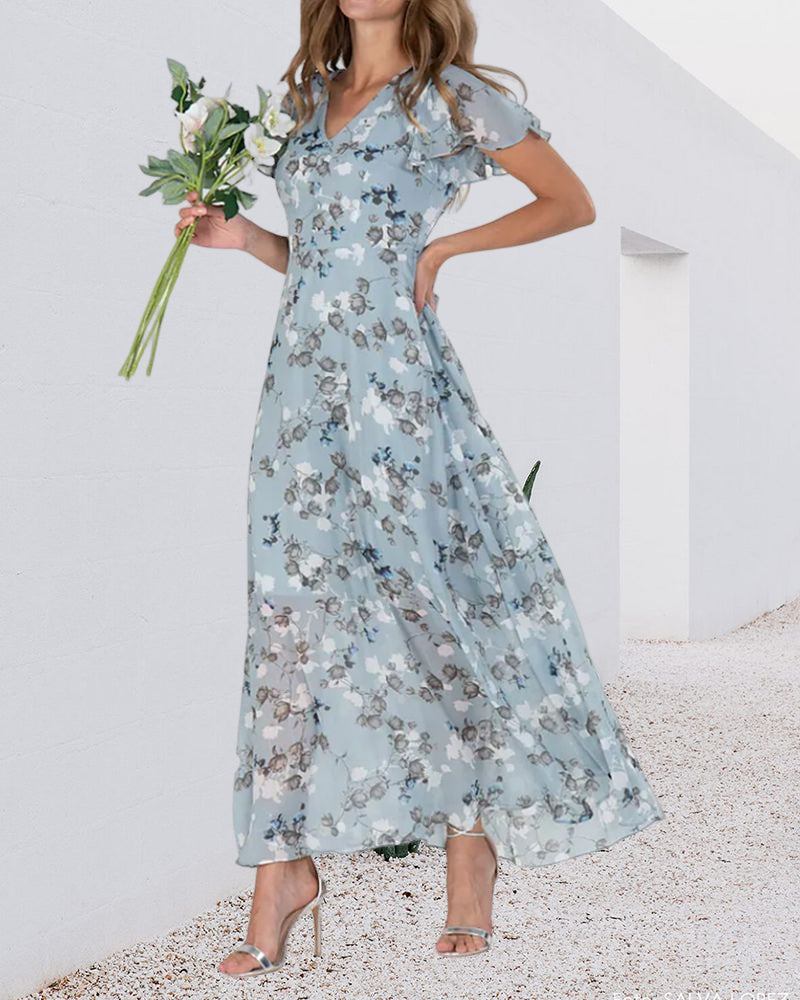 W&W Mode - Florales Maxikleid Damen | Chiffonstoff luftiges Sommerkleid | Maxikleid mit fließendem Rock