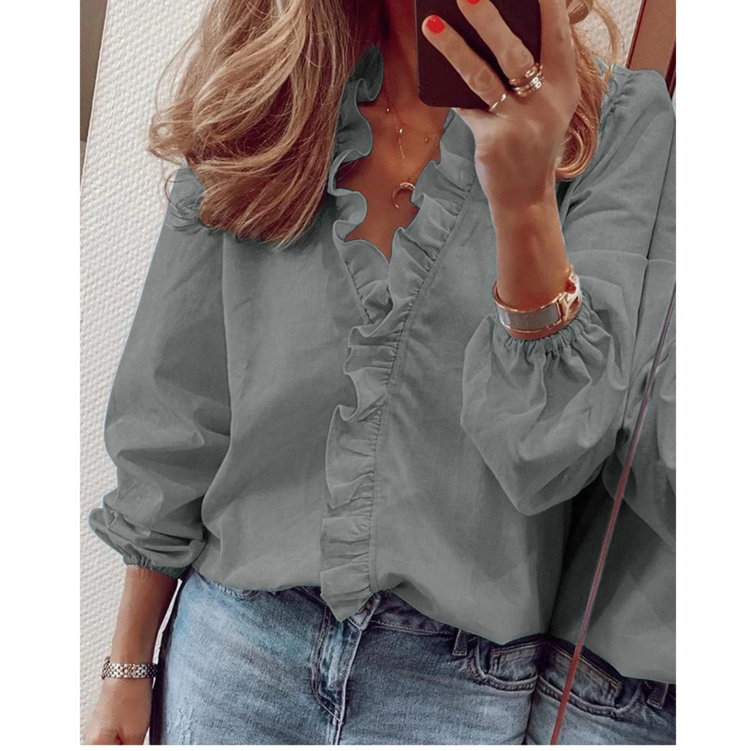 W&W Mode | Chiffon lila Blumenmuster V-Ausschnitt Damenhemd