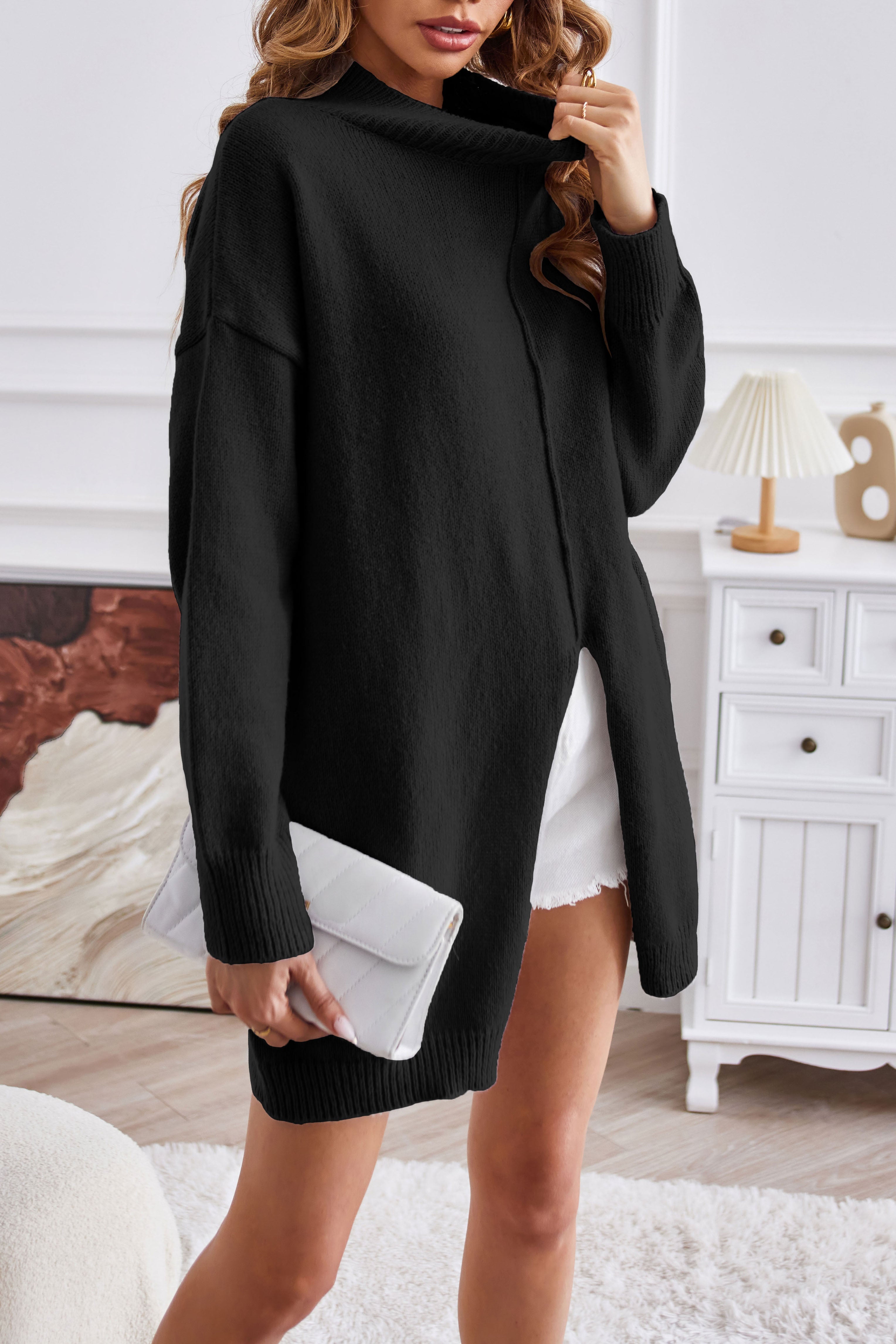 WW Halb-Turtleneck mittellanger Schlitzpullover