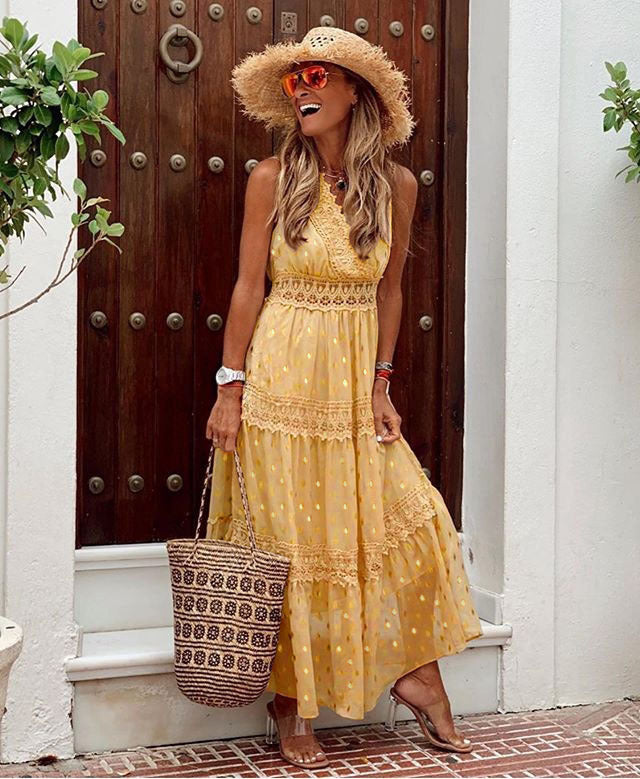 W&W Mode | V-Ausschnitt Chiffon Rückenfreie Boho Lange Maxi Kleider