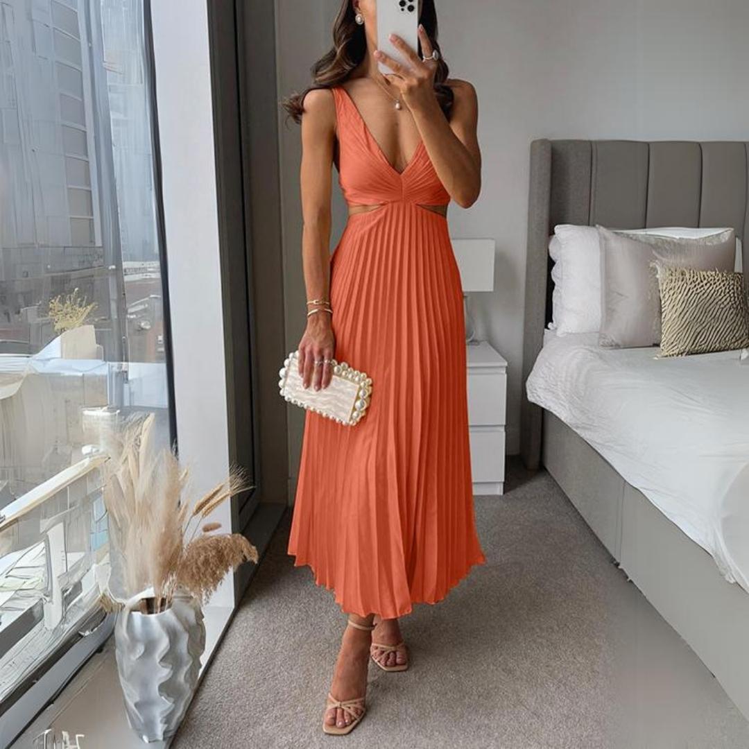 WW | Midi Kleid Ärmellos V-ausschnitt Twist Front & Cut Out Detail Plissierter Rock