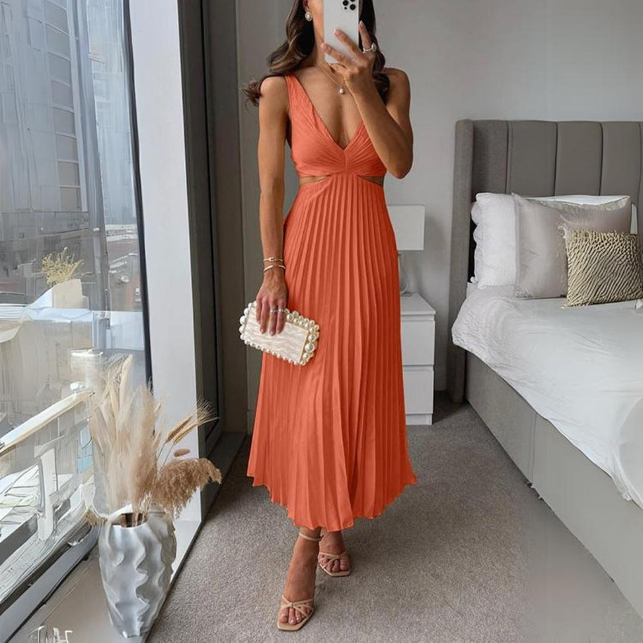 WW | Midi Kleid Ärmellos V-ausschnitt Twist Front & Cut Out Detail Plissierter Rock
