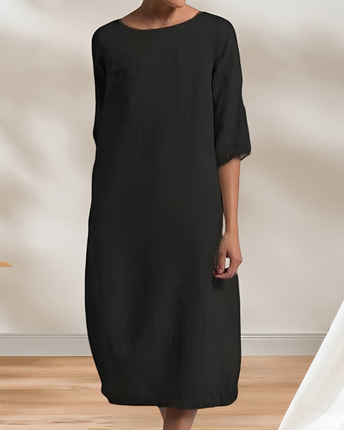 WW | Ladies Lässig Leinen Look Einfaches Midikleid