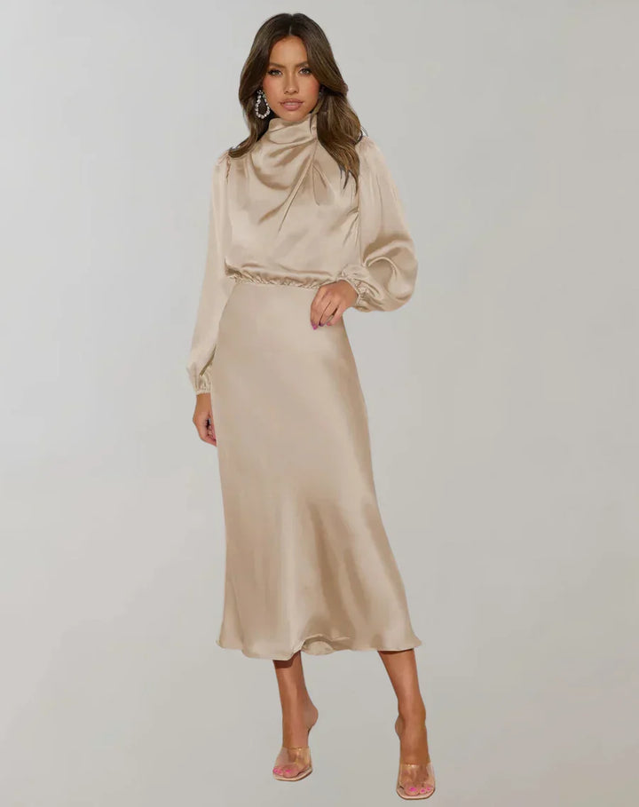 W&W Mode | Klassisches Satin Kleid Mit Hohem Kragen Und Langen Ärmeln Für Frauen