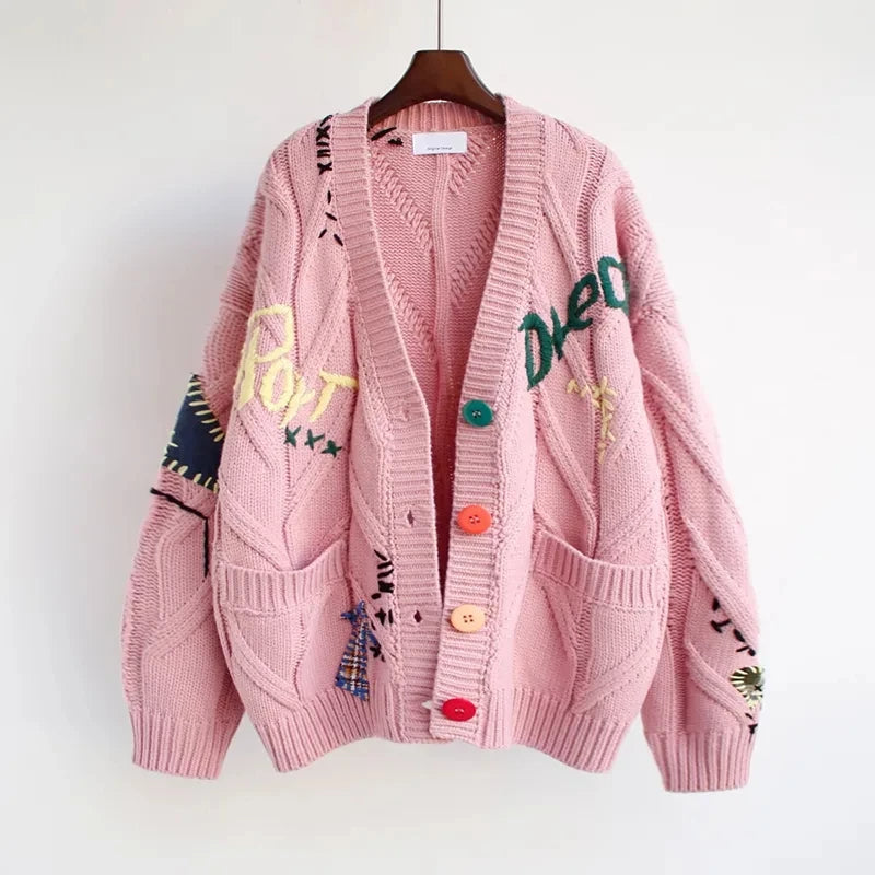W&W Mode | Gestrickte V-Ausschnitt Damenjacke mit Stickerei