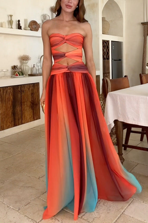 WW | Strapless Twist Front Cut Out Farbiges Mesh Maxi Kleid