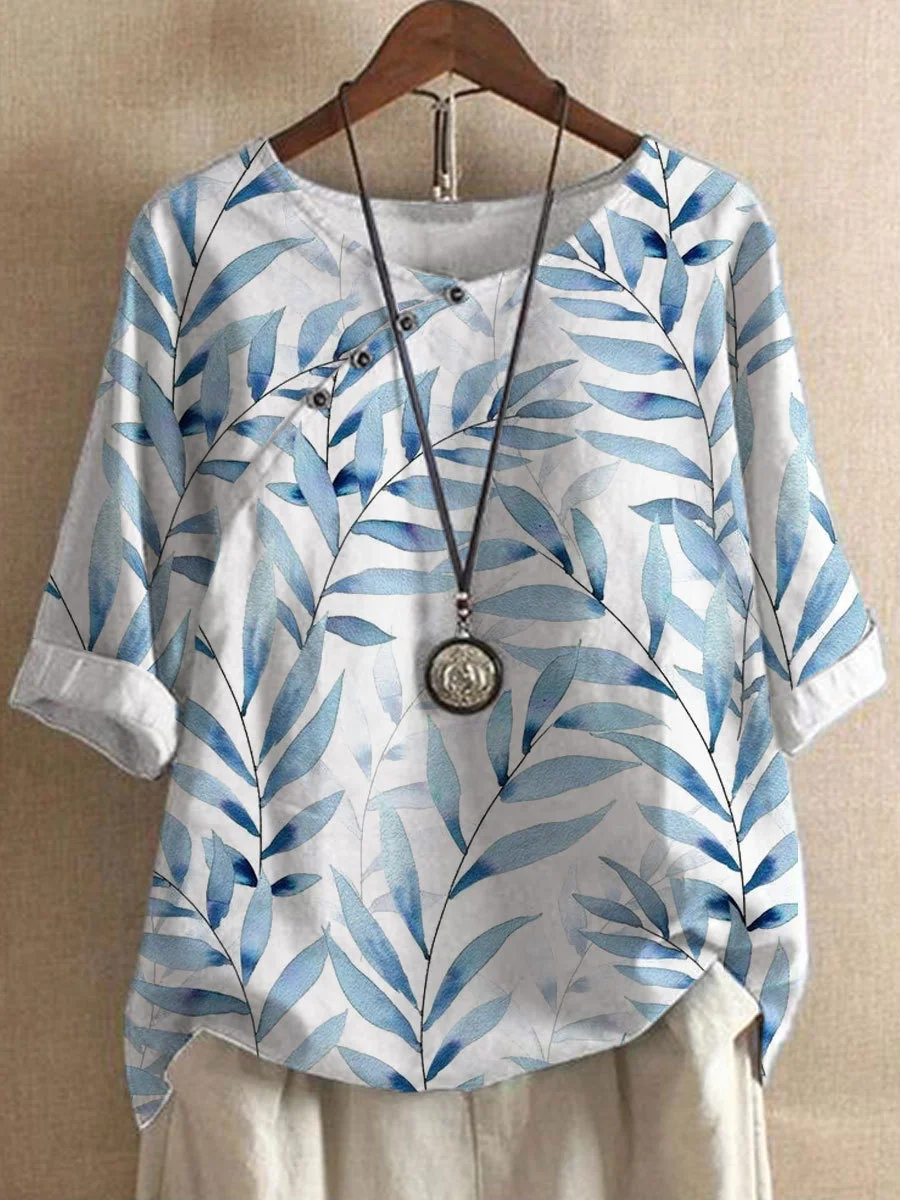 WW | Freizeit-T-Shirts aus Baumwolle und Leinen, mit Sommerblumenmotiven und Knöpfen