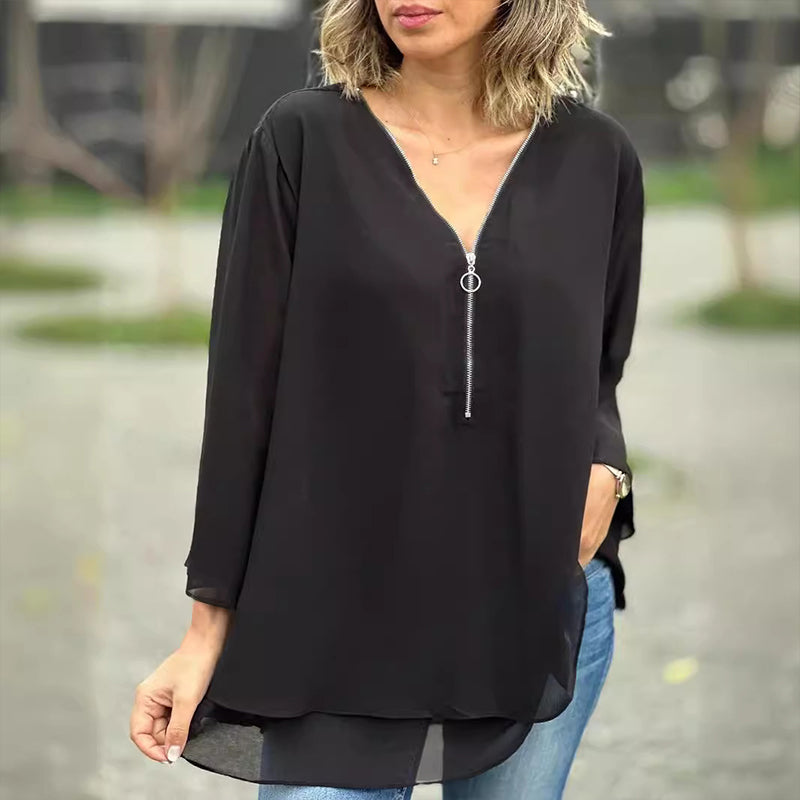W&W Mode | Chiffon Reißverschlussoberteil V-Ausschnitt