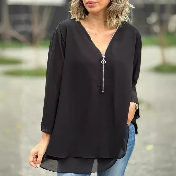 W&W Mode | Chiffon Reißverschlussoberteil V-Ausschnitt