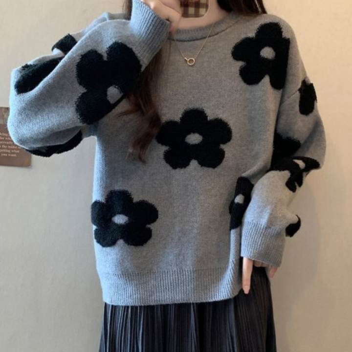W&W Mode Sweater | Luxuriöser, weicher Strickpullover für Damen mit Blumendesign
