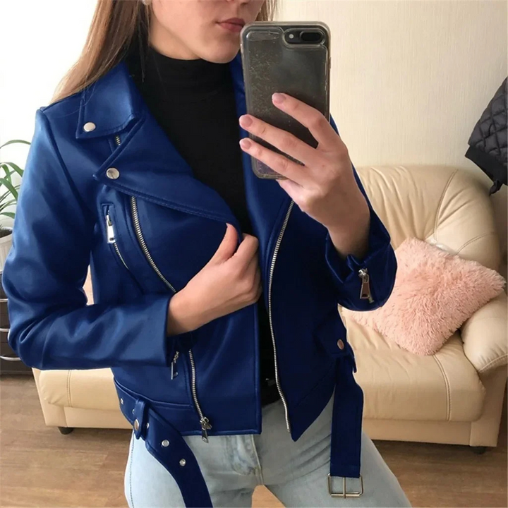 W&W Mode | Lederjacke Damen Bikerjacke Mit Reißverschlüssen Und Taillengürtel
