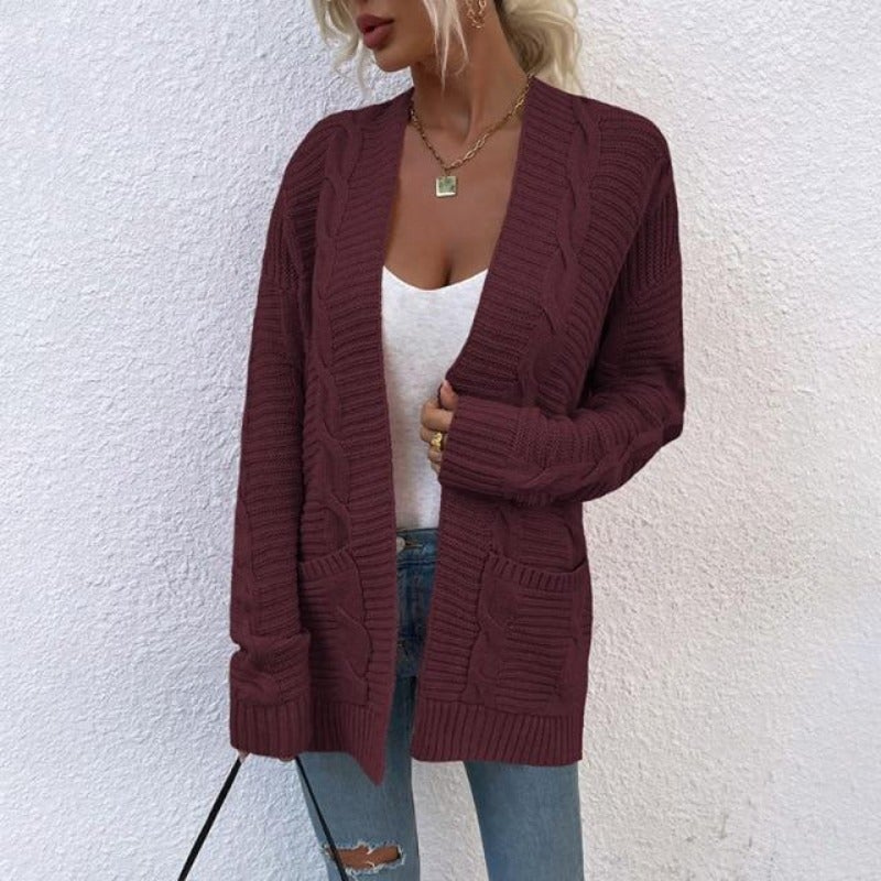 WW | Damen Strickjacke Mit Zopfmuster, Offenes Design, Lässig Und Bequem