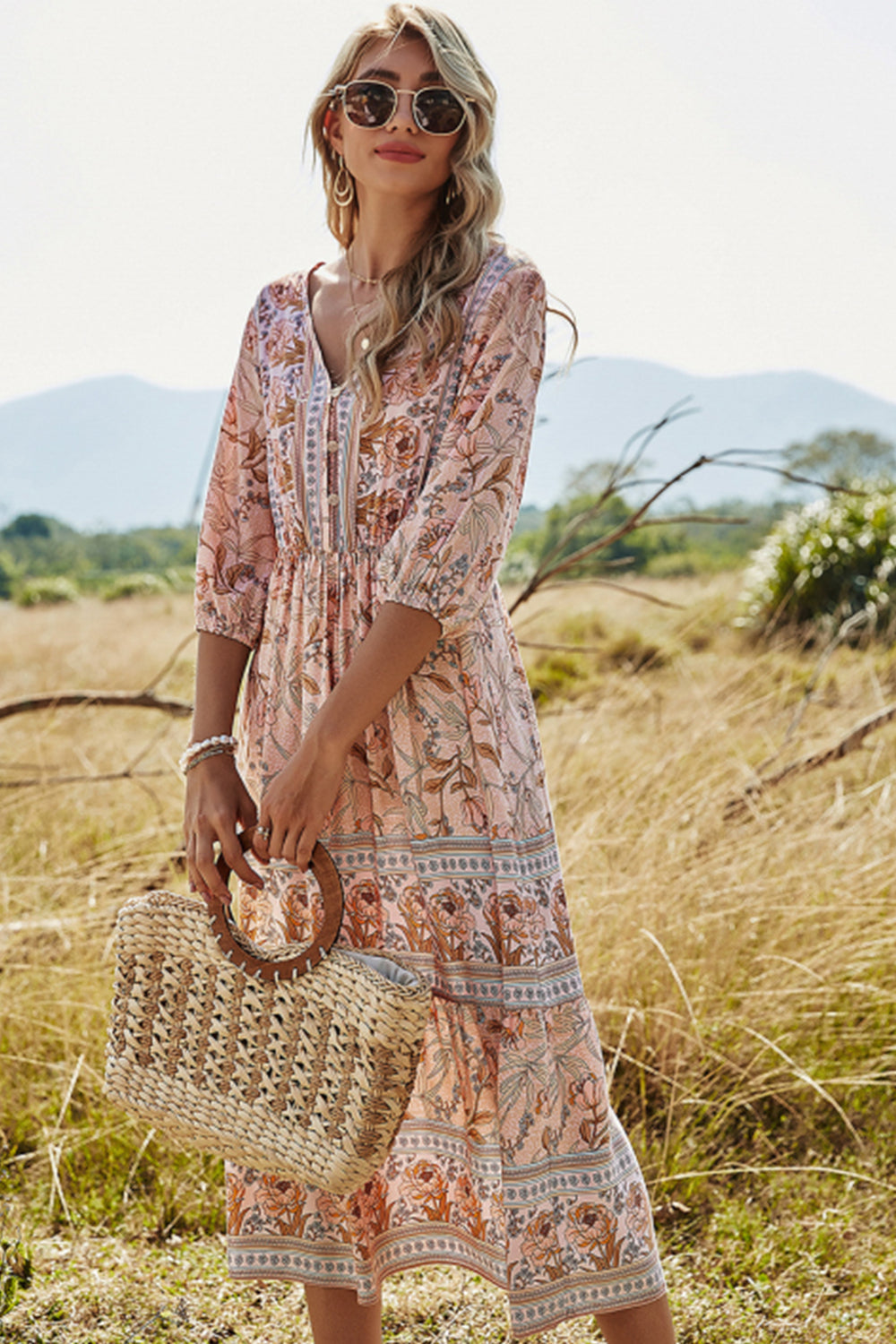 W&W Mode | Hohe Taille V-ausschnitt Boho Strandkleid