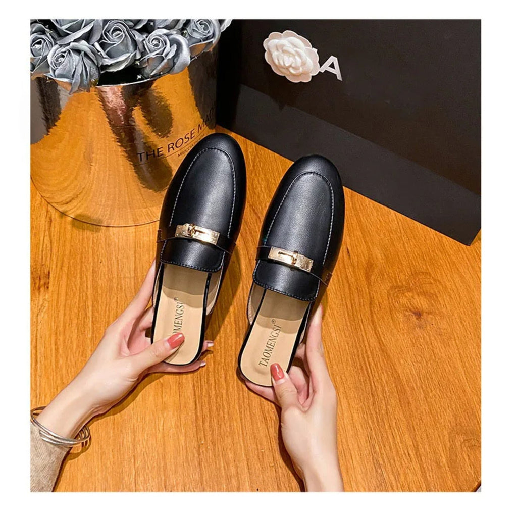 WW | Schwarze Metallspange Offene Ferse Mules
