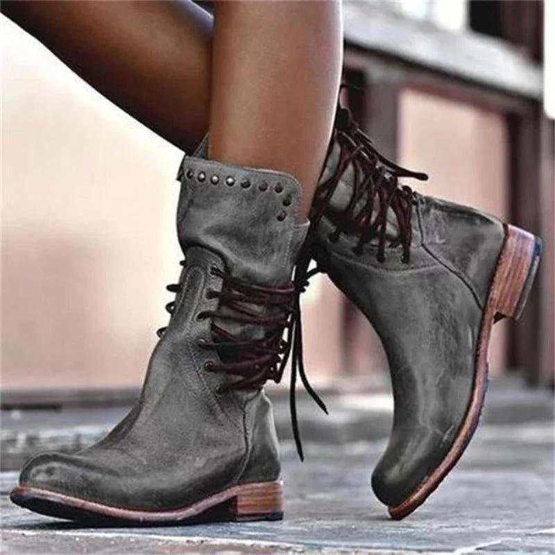 WW | Stylische Damen Stiefelette Im Weinlese Look Mit Flachem Absatz