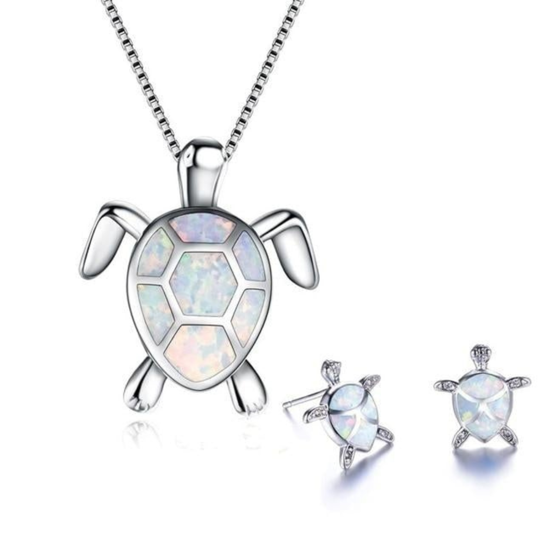 W&W Mode | Schildkröte Halskette + Ohrringe in Opal Und Silber Silber