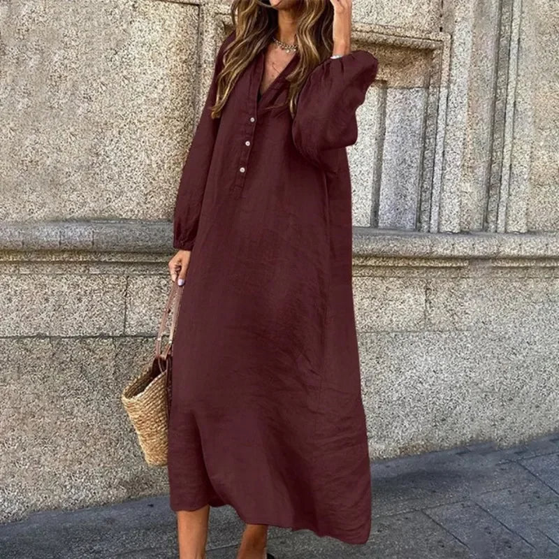 WW | Bequemes Leinenkleid mit V-Ausschnitt aus Baumwolle