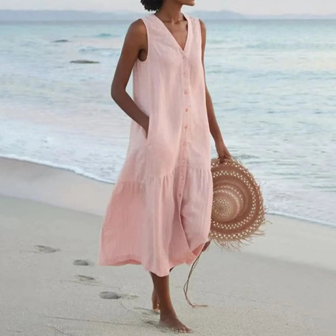 W&W Mode | V-Ausschnitt Leinen Kleid