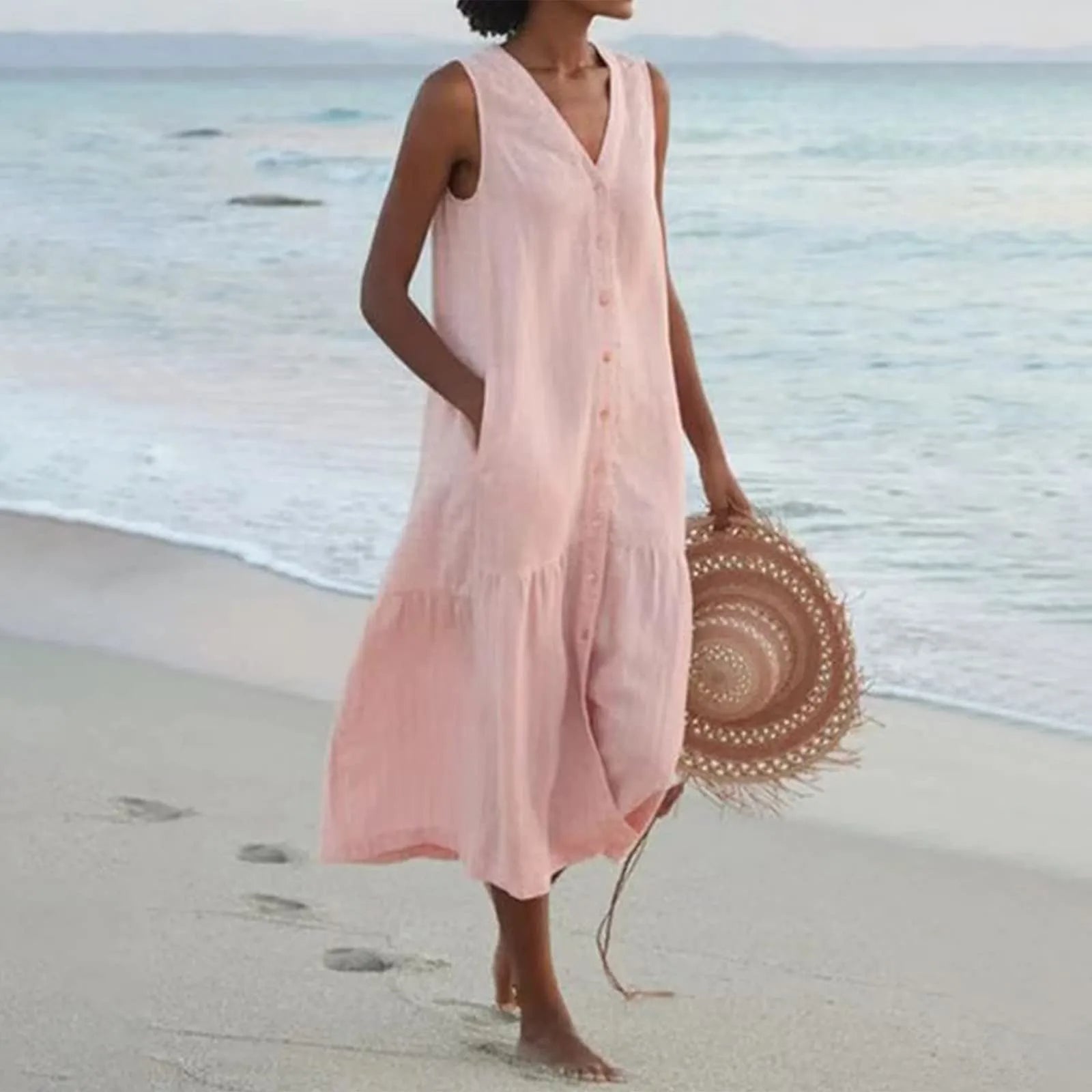 WW | V-Ausschnitt Leinen Kleid