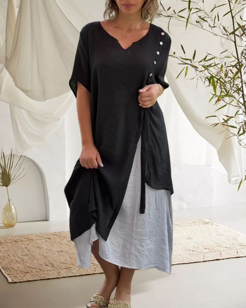 WW | Asymmetrisches Kleid mit kurzen Ärmeln und V-Ausschnitt