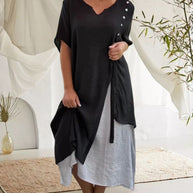 WW | Asymmetrisches Kleid mit kurzen Ärmeln und V-Ausschnitt