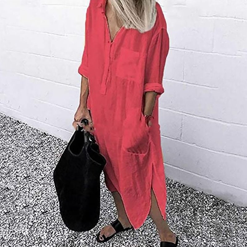 WW | Damen Elegante Einfarbige Hemdblusenkleid Mit Schnitt Damen Kleid