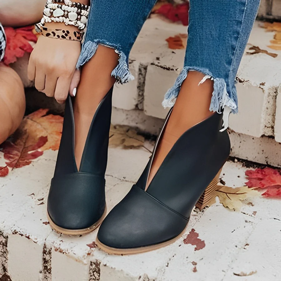 W&W Mode | Damen Hohe Ferse Ankle Boots, V-form Öffnung, Slipper, Chic und Elegant