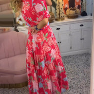 WW Kleid | Trendiges langes Blumenkleid mit V-Ausschnitt und kurzen Ärmeln für Damen