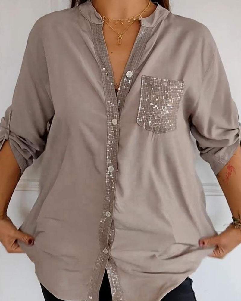 WW - Schicke Bluse mit Knopfleiste und Paillettenbesatz für Damen | Elegante Langarmbluse mit Paillettentasche