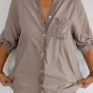 WW - Schicke Bluse mit Knopfleiste und Paillettenbesatz für Damen | Elegante Langarmbluse mit Paillettentasche