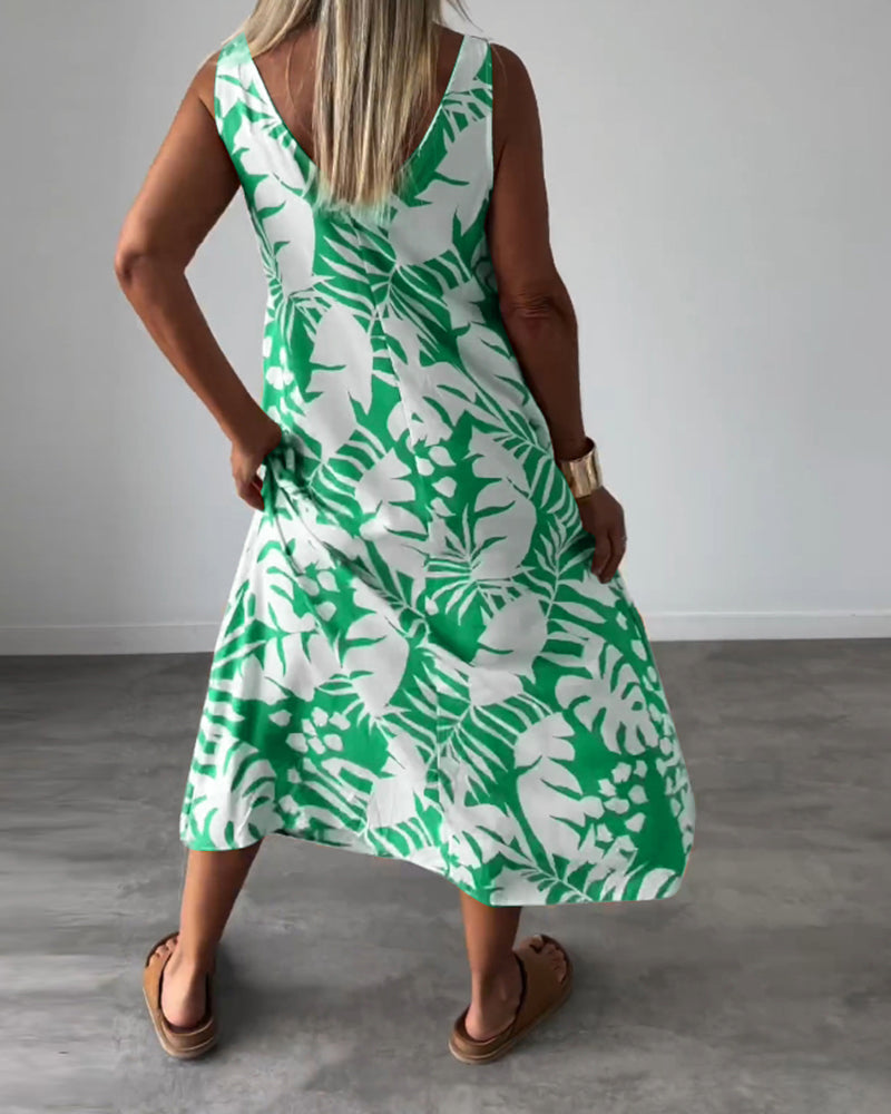 WW | Lässiges, Ärmelloses Kleid mit Blattmuster