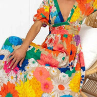 WW Floral Sommerkleid | Luftiges elegantes Sommerkleid mit V-Ausschnitt und Bubble Sleeves und Blumendruck