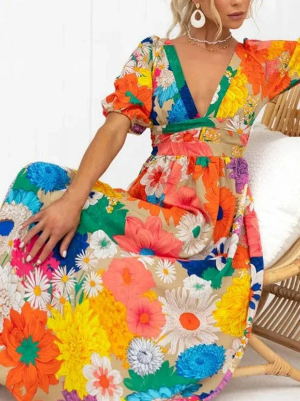 WW Floral Sommerkleid | Luftiges elegantes Sommerkleid mit V-Ausschnitt und Bubble Sleeves und Blumendruck